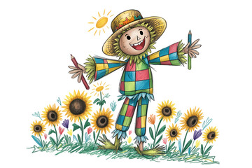 Naklejka premium An adorable scarecrow drawing with a kind smile, set against a sunflowers background with floating leaves.