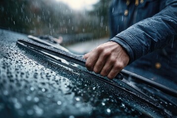 Man changing car windshield wipers