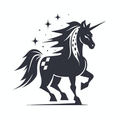Elegant Dark Unicorn with Stars on White Background Design