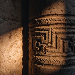 Ancient Stone Column Detail: Intricate Carved Maze Pattern, Warm Light