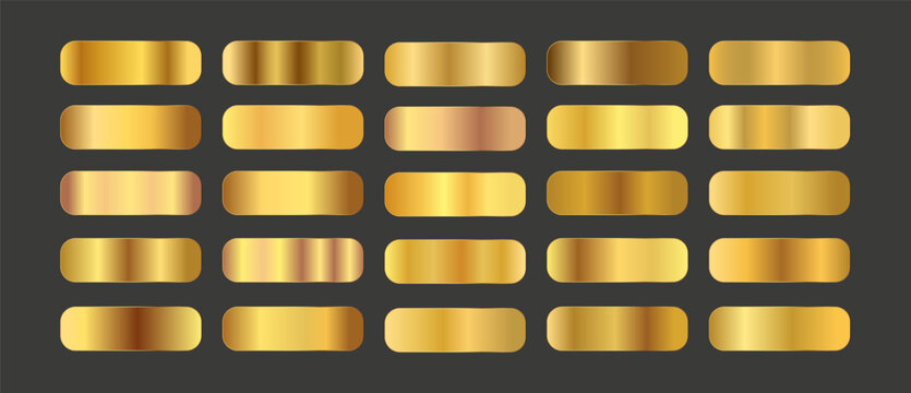 Golden metallic gradient swatches. Shiny luxury texture set on black background for premium design.