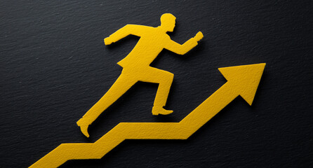 Business growth concept with a man running up a rising arrow symbolizing success and progress in the corporate world Generative AI