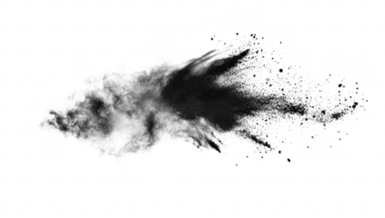 A dynamic black powder explosion creating an abstract pattern against a white background. suggesting motion and energy. ideal for use in creative projects or as a design element