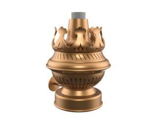 Detailed antique brass oil lamp burner, featuring intricate Victorian-era styling and a functional wick adjustment knob. Isolated on a PNG Transparent HD Background for versatile use.