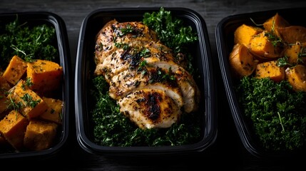 Three neatly arranged meal prep containers filled with seasoned grilled chicken breast diced sweet potatoes and fresh kale