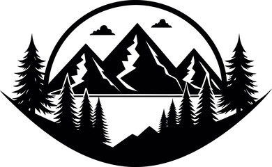 Obraz premium Scenic black silhouette of mountains and river landscape with forest trees vector isolated