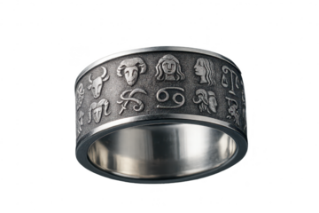 Silver ring with zodiac signs isolated on a transparent background, shiny metal