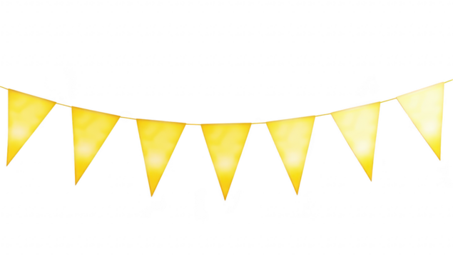 A string of yellow triangular pennant flags gracefully hanging against a clean white background. perfect for festive decorations at parties or celebrations