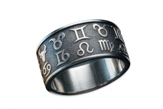 Astrological zodiac sign ring isolated on transparent background, detailed jewelry