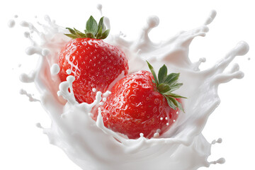 Two fresh strawberries splashing in creamy milk against a solid black background