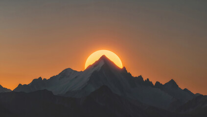 Sun rising behind mountain peak, minimalist silhouette with glowing sky