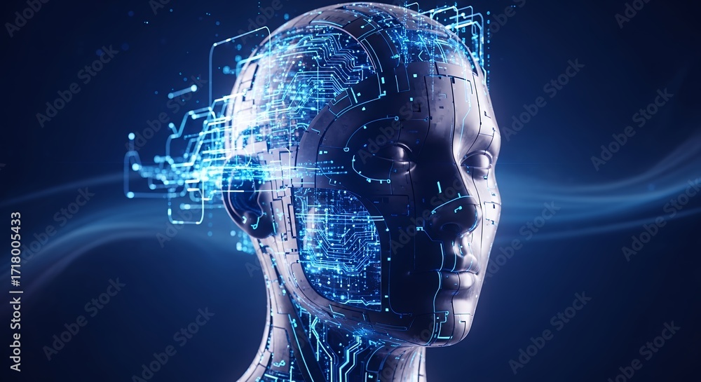 Poster futuristic cyborg head with glowing circuit patterns against a dark blue gradient backdrop. concept 