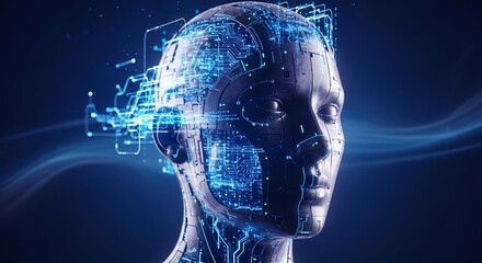 Futuristic cyborg head with glowing circuit patterns against a dark blue gradient backdrop. Concept for artificial intelligence, machine learning and technology advancement.