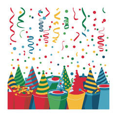 Party Celebration Vector Illustration, Birthday Hats, Confetti, Streamers, and Colorful Festival Elements