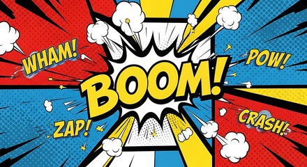 Dynamic Comic Book Explosion with Onomatopoeia and Vibrant Colors.