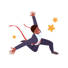 Success achievement, victory of businessman and corporate leader in business competition, leadership triumph. Male happy character crossing red marathon ribbon among stars cartoon vector illustration