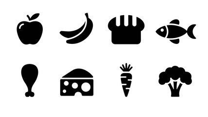 Set of black vector icons of food items in a minimalistic style, including apple, bananas, bread, fish, chicken, cheese, carrots, and broccoli in bold silhouettes.
