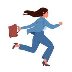 Business lady running fast in corporate competition, businesswoman with focus on challenge. Busy young woman in formal costume chasing success in sales or career race cartoon vector illustration