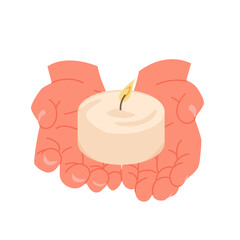 Glowing candle in palm for religious ceremony in church, funeral prayer and spiritual meditation, festival cartoon. Human hand holding one white burning candle with flame on wick