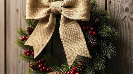 A close-up of a holiday wreath with a large burlap bow pinecones and red berries hanging against a weathered vertical wood plank background - Powered by Adobe