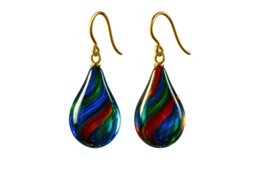 Elegant pair of glass earrings with gold hooks isolated on transparent background