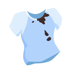 Dirty blue tee shirt of girl or boy, unclean worn men and women smelly clothes with black dirt and mud stain, messy spots on untidy cotton apparel ready for washing machine cartoon vector illustration