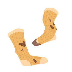 Dirty pair of yellow warm wool socks with dirt stains, worn old knitwear for man, woman or child, untidy soiled messy stockings couple falling out of laundry basket cartoon vector illustration