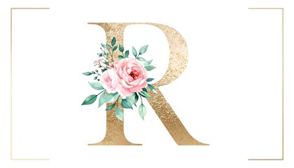 Gold initial R with pastel flowers