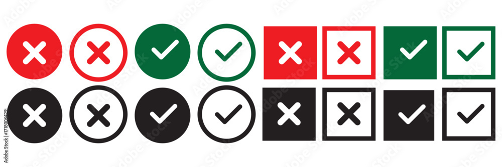 Aufkleber check mark icon button set. check box icon with right and wrong buttons and yes or no checkmark icon