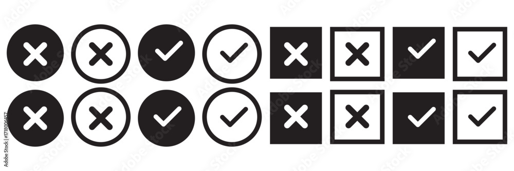 Aufkleber check mark icon button set. check box icon with right and wrong buttons and yes or no checkmark icon