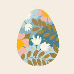 Happy Easter, poster, greeting card with calligraphy text and egg, spring blossom and cute colorful flowers, floral pattern inside silhouette of funny chicken cartoon