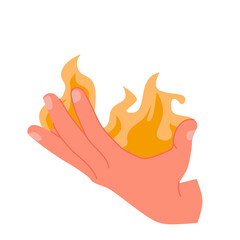 Human hand holding hot fire in palm, front view. Arm of person carrying flame to light bonfire, flaming gesture to give energy and power of fire, motivation and spirit