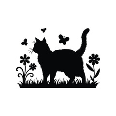 Black Cat Silhouette with Flowers and Butterflies in Garden