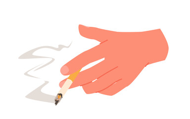 Hand of smoker holding burning nicotine cigarette with smoke. Part of arm with wrist and fingers of smoker, palm of smoking character with unhealthy habit and problems cartoon vector illustration