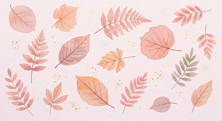 Obraz premium Beautiful watercolor illustration of assorted leaves in soft pastel colors with golden accents