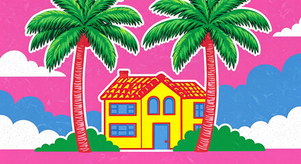 Obraz premium Vibrant illustration of a colorful house surrounded by palm trees against a bright pink background