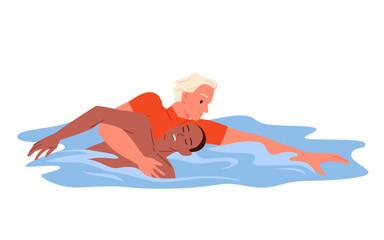 Emergency first aid to drowning man by professional lifeguard. Guy passed out in sea water in swimming accident, lifesaver holding victim to swim to beach and save life cartoon vector illustration