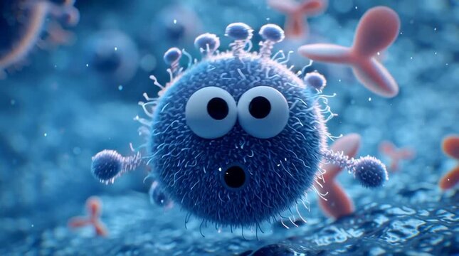 Fuzzy cartoon microbe with surprised face floats in blue liquid with particles and shapes.