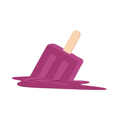 Fallen fruit and berry popsicle lying in sweet, sticky puddle, ice cream melting. Cute creamy bar with blueberry flavor on wooden stick, melted popsicle in summer heat cartoon vector illustration