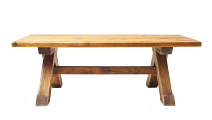A rustic wooden table with a sturdy design. its natural grain and finish. set against a minimalist white background. ideal for home decor or furniture advertising