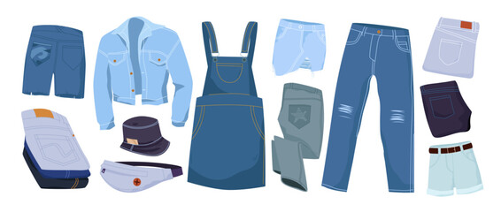 Denim clothing, casual models set. Ragged pants and folded trousers, overall and skirt, cap and unbuttoned shirt made of denim material in light and dark blue colors cartoon.