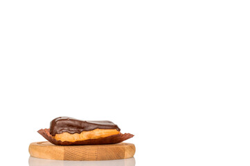 Chocolate sweet eclair, macro, isolated on white  background.