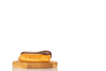 Chocolate sweet eclair, macro, isolated on white  background.