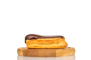 Chocolate sweet eclair, macro, isolated on white  background.