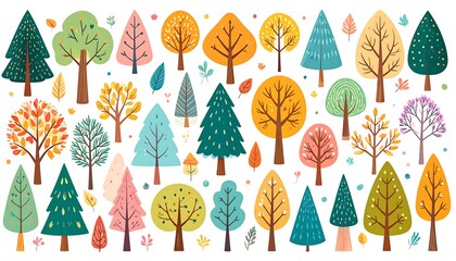 Collection of colorful cartoon trees and leaves
