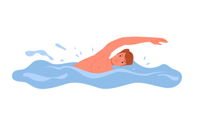 Swimmer swimming in blue sea and ocean water waves. Front crawl stroke training or competition in pool, male lifeguard swimming to help and save life of drowning man cartoon vector illustration