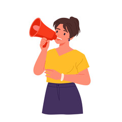 Young woman shouting announcement message in red megaphone. Girl holding loudspeaker to shout tips to community, speaker with bullhorn warning audience with loud voice cartoon vector illustration