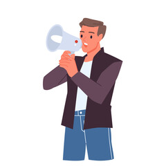 Young man shouting in megaphone, public speech of adult speaker on event, side view. Businessman in suit holding loudspeaker to speak at business presentation, conference cartoon