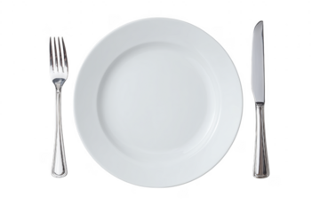 Elegant white plate silverware arrangement ready for a fine dining experience on black background