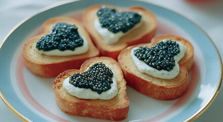 Delicious heart-shaped toast topped with caviar and cream, elegantly served on a decorative plate